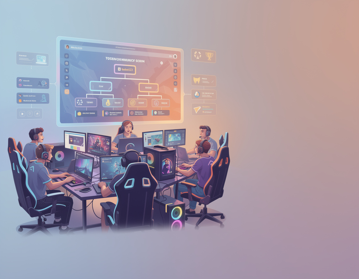 Ilustrasi cerita scrim komunitas yang naik ke cup mingguan untuk turnamen game online babeh123 dengan bracket dan room match
